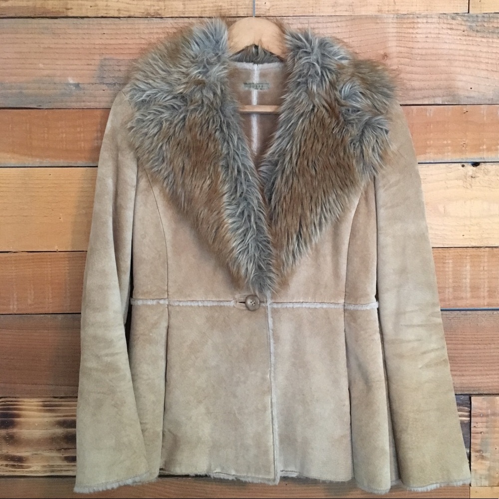 Vintage Guess Tan Leather & Fur Jacket Small